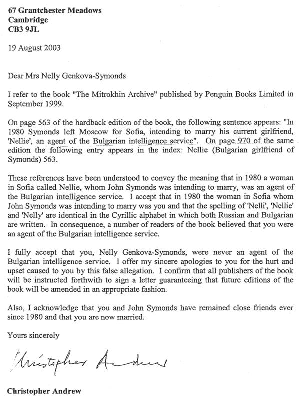 Professor Christopher Andrew apology over Mitrokhin Archive